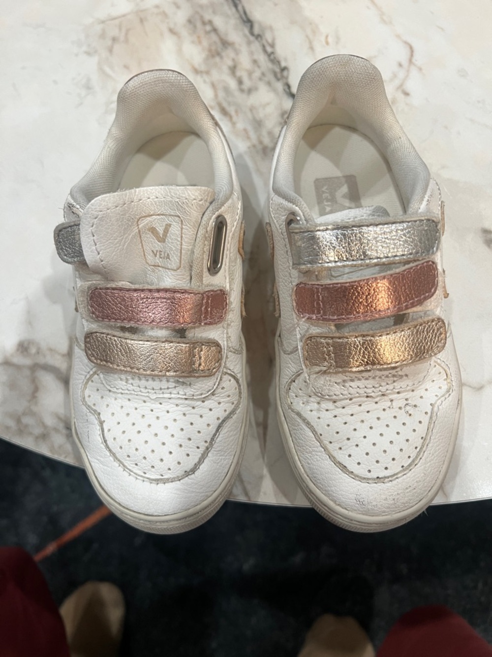 Veja Kids White Sneakers with Rose Gold & Silver Straps